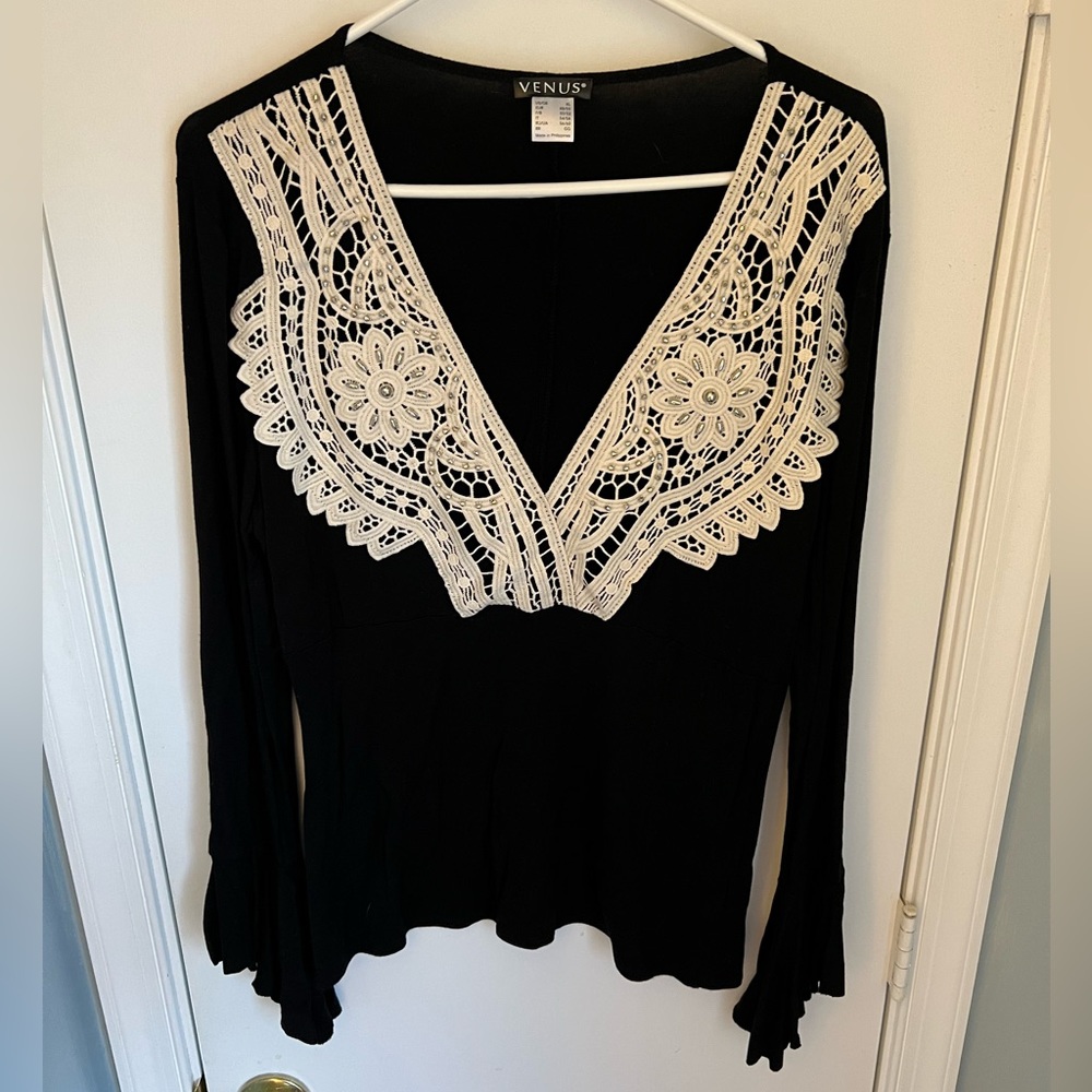 Black & White V neck Top with beautiful details and bell sleeves